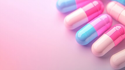 Colorful capsules are arranged on a soft gradient background, creating a visually appealing and pharmaceutical-themed composition.