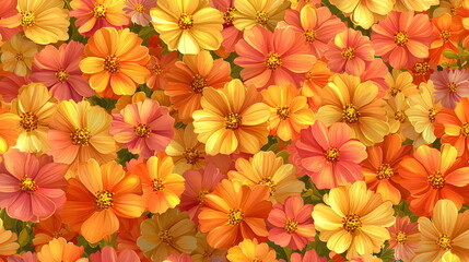 Fototapeta premium Bright orange and pink flowers with green leaves creating a vibrant floral pattern background