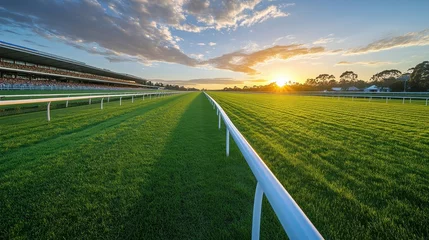 Fototapeten Sunset view over vacant horse racing track with lush green grass © Liudmyla