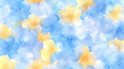 Soft blue and yellow floral pattern with transparent backgrounds creating a delicate aesthetic.