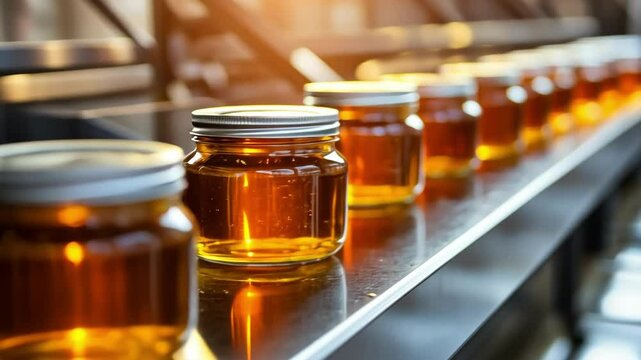 Glass jars of honey on conveyor belt in sunlit factory