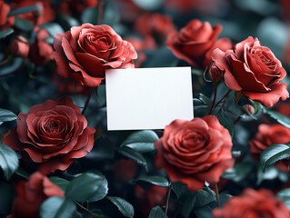 a wooden table with red roses and rose petals scattered around. There is a blank card placed in the center of the roses.