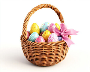 Rustic woven Easter basket decorated with a soft pink ribbon, charming springtime arrangement symbolizing tradition and festivity