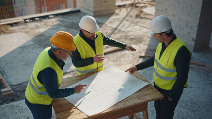 Team of male civil engineers having meeting and discussing plan at construction site, top view