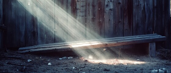 Sunlight streams through wooden slats, bathing a humble bench in a warm glow, capturing a moment of peaceful solitude.