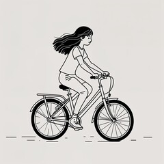 Obraz premium Child Female riding a bicycle image in a simple hand drawing flat line design on plain white background