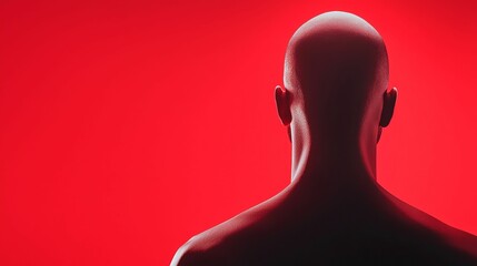 A bald figure is silhouetted against a vibrant red background, evoking a sense of mystery and drama.
