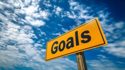Fototapeta premium Yellow Signboard with 'Goals' and Bright Sunlight in the Background