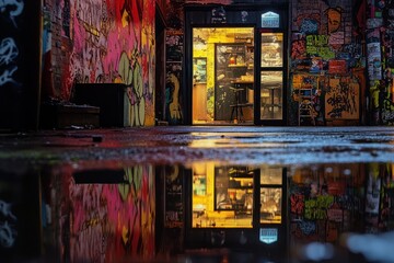 Obraz premium Urban alleyway reflection, graffiti, night shop