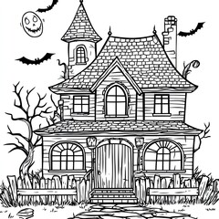 Obraz premium Spooky Haunted House Coloring Book Page Simple Illustration for Kids