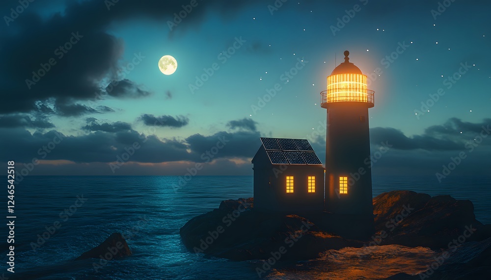 Aufkleber serene coastal nightscape featuring a lighthouse illuminating the ocean under a moonlit sky with sta