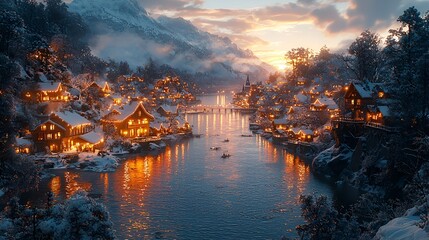 Fototapeta premium Snowy village sunset, alpine lake, cozy houses, winter wonderland, postcard