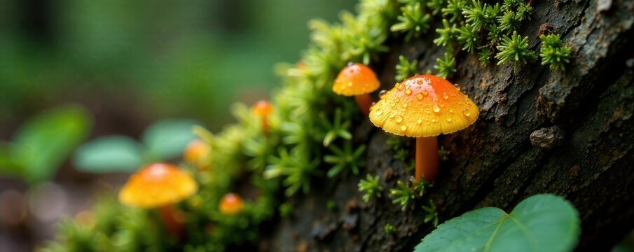 Tiny rain drops clinging to Fomitopsis pinicola on tree trunk, lichen, forest floor