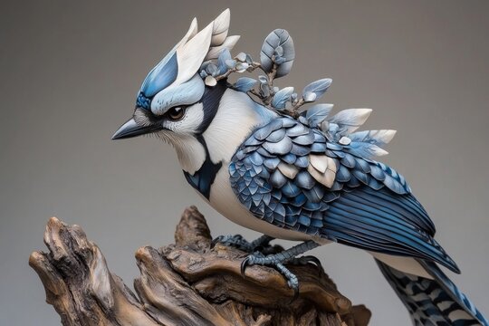 A blue jay with intricate patterns on its feathers, perched on a wooden fence with a natural background