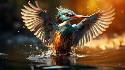 Fototapeta premium Kingfisher Emerging from a Water Dive with Splashes