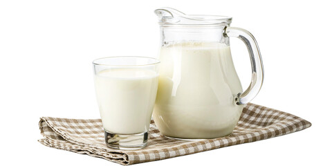 A jug and a glass of fresh milk, isolated on a transparent background. The smooth, creamy milk...
