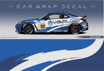 Car wrap design for Race car. Livery decal racing. Template design logo sponsor space. Blue white colour