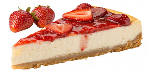 A rich and creamy slice of cheesecake with a smooth texture, topped with a glossy red strawberry sauce and a fresh strawberry, isolated on a transparent background.