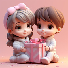 Cute 3D Clay Boy and Girl with Gift on Pink Background