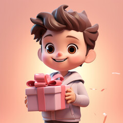 Cute Clay Boy Holding Gift on Pink Background