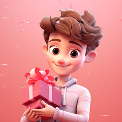 Cute Clay Boy Holding Gift on Pink Background