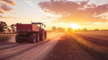 Fototapeta premium A tractor driving on a dirt road at sunset, highlighting agricultural activity.