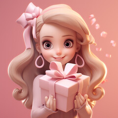 3D Clay Girl Holding a Gift with Pink Hearts Background
