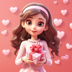 3D Clay Girl Holding a Gift with Pink Hearts Background