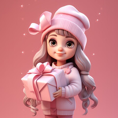 3D Clay Girl Holding a Gift with Pink Hearts Background