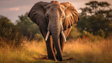Male Elephant in a Golden Savanna Landscape