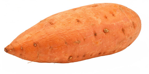 A fresh sweet potato with a vibrant orange interior and rough, earthy brown skin, isolated on a...