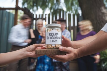 Retirement saving stress free concepts. A group celebration with a retirement fund jar being handed over to someone.