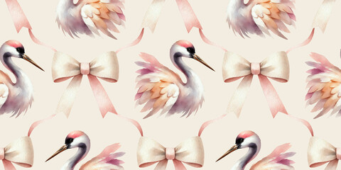 Seamless pattern of delicate watercolor illustration of crane around bows with ribbons. Beige color background. Perfect for nursery wallpaper and textile