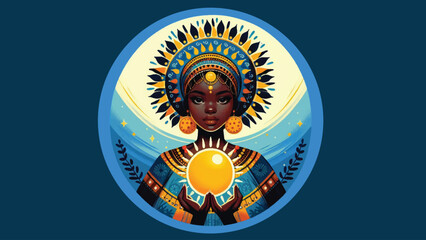 Traditional African beautiful black girl holds the sun digital painting artwork on blue background illustration 