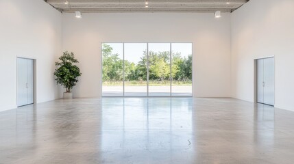 Obraz premium Modern empty interior space with large window, green landscape view, concrete floor, perfect for event backdrop