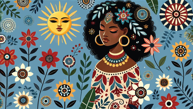 Traditional African beautiful black girl holds the sun digital painting artwork on blue background illustration 