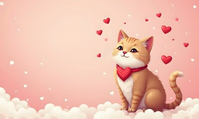 Orange Tabby Cat Feeling Loved Surrounded by Hearts Against Pink Background