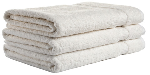 A stacked pile of soft, fluffy white towels neatly arranged, showcasing their plush texture and...