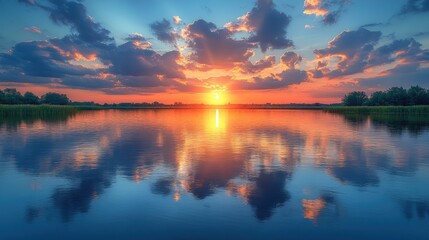 Obraz premium Stunning sunset over a calm lake