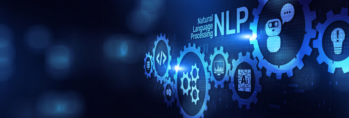 NLP Natural Language Processing Enhancing Human-Computer Interaction on a Wide Banner, Business and Technology Concept.