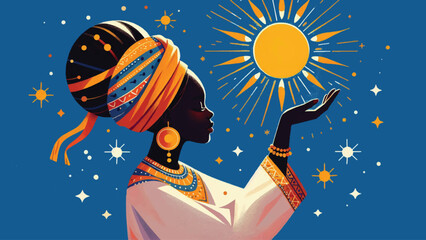 Traditional African beautiful black girl holds the sun digital painting artwork on blue background illustration 