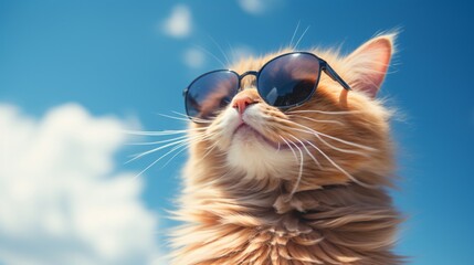 Cool Cat Wearing Sunglasses Against Blue Sky in Summer - Trendy Feline Fashion