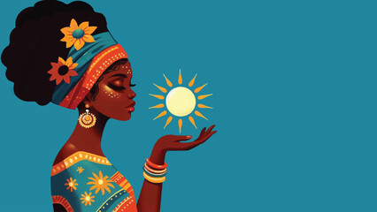 Traditional African beautiful black girl holds the sun digital painting artwork on blue background illustration 