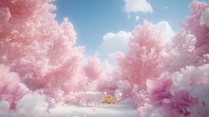 White Goat in a Pink Blossom Dreamland