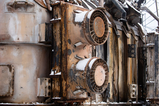 burnt transformers after Russian shelling of Ukrainian energy infrastructure