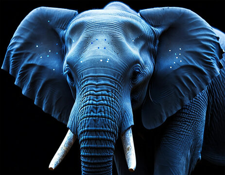 an elephant with a black background and a blue background with white dots on it s trunk and trunk