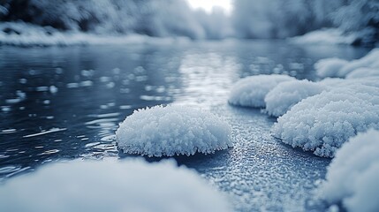 Frozen river stones, winter landscape, snowy forest background, nature scene