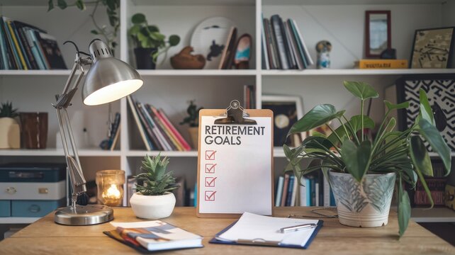 Retirement saving stress free concepts. A cozy workspace featuring a retirement checklist, lamp, and plants on a wooden desk.