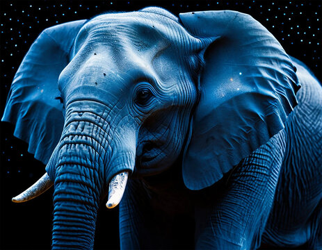 an elephant with a black background and a blue background with white dots on it s trunk and trunk