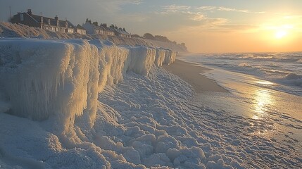 Frozen coastal houses sunset winter ocean beach landscape